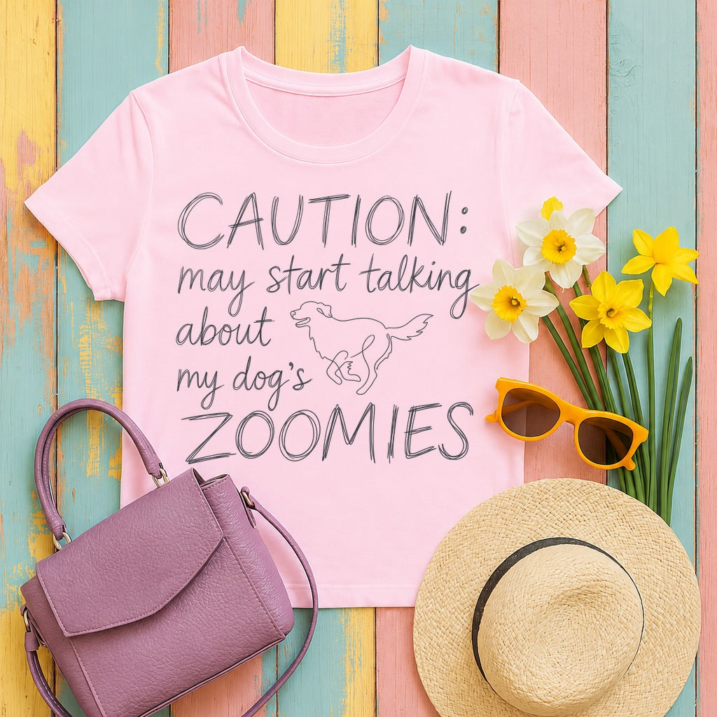 Caution: Zoomies Ahead Golden Retriever T-Shirt in Light Pink