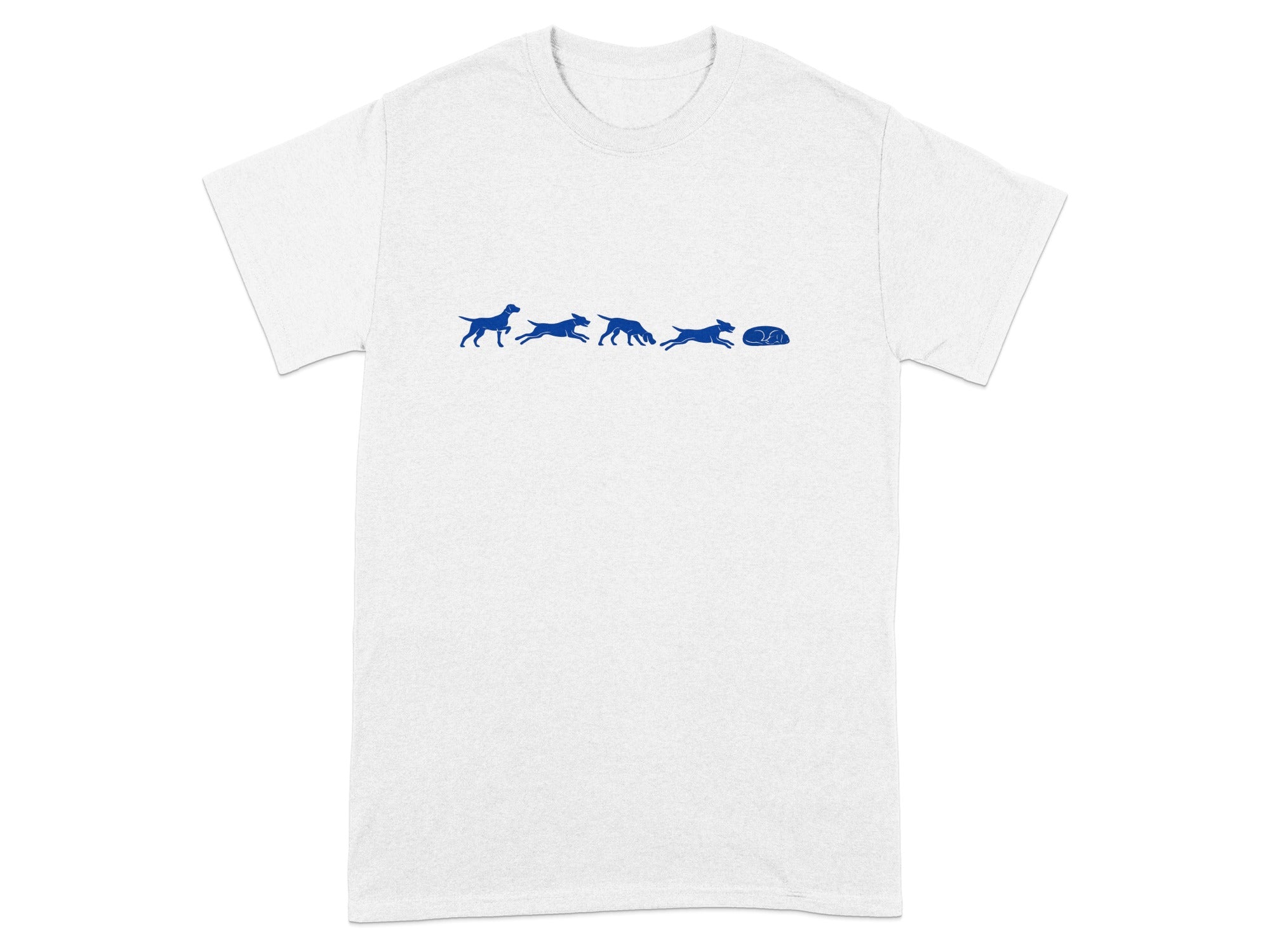 White t-shirt with blue graphic of dogs running towards a dog bed.