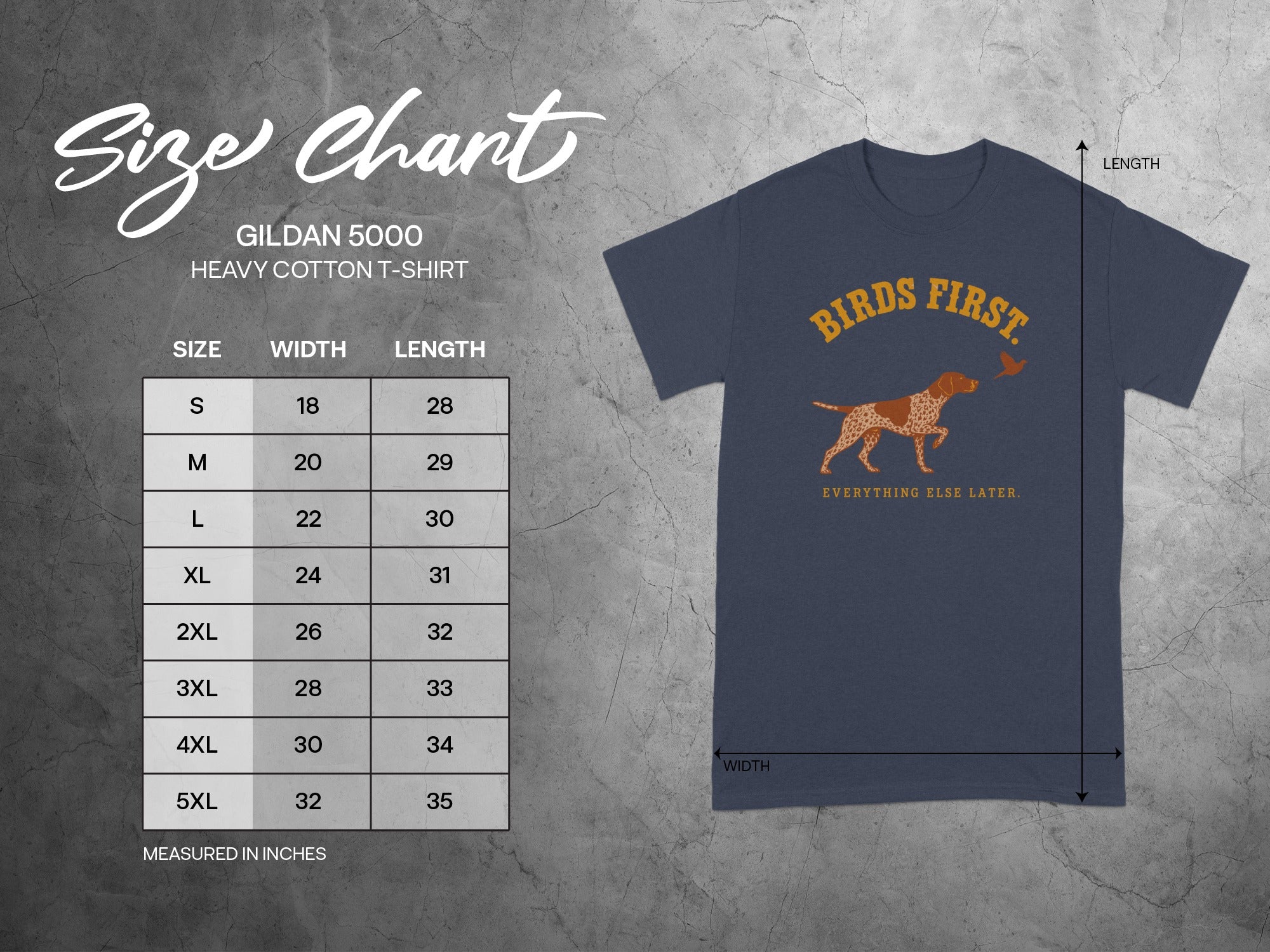Gildan 5000 t-shirt size chart with measurements and a dog graphic.