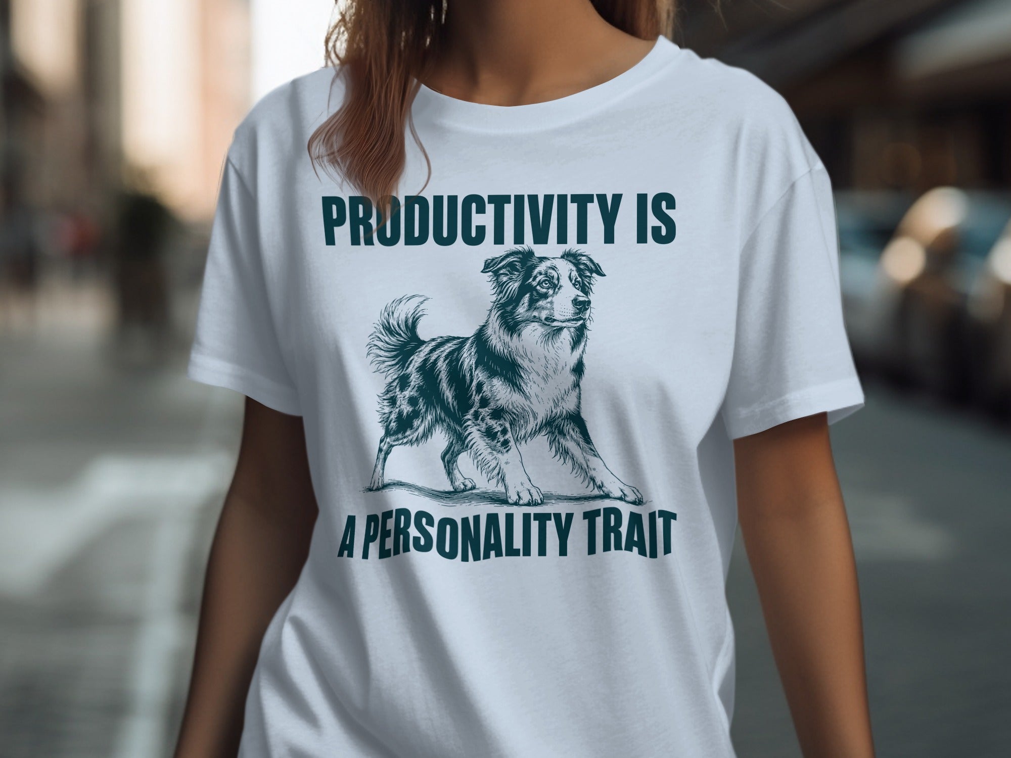 T-shirt with dog illustration and text "PRODUCTIVITY IS A PERSONALITY TRAIT".