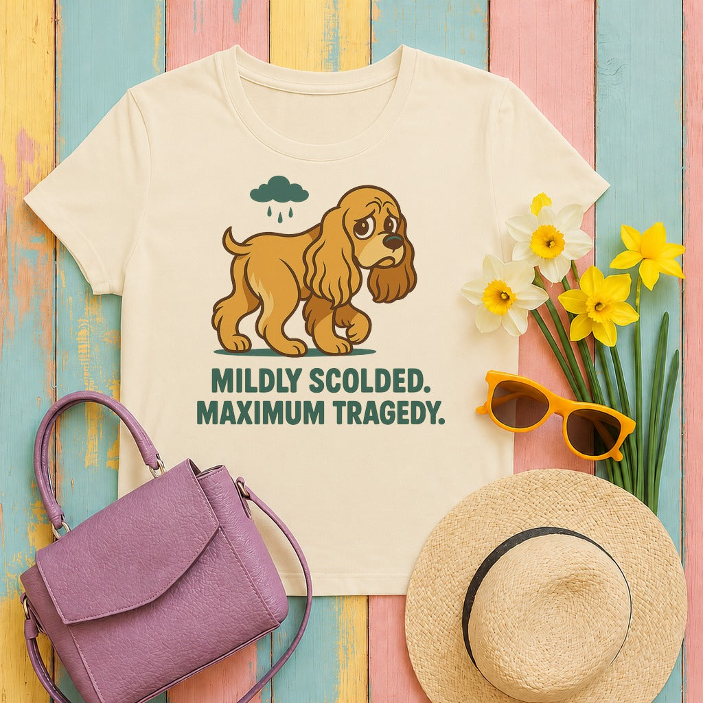cocker spaniel maximum-tragedy tee flat lay hero