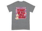 Gray t-shirt with pink gingham, flowers, and "First of all I'm a delight" text.