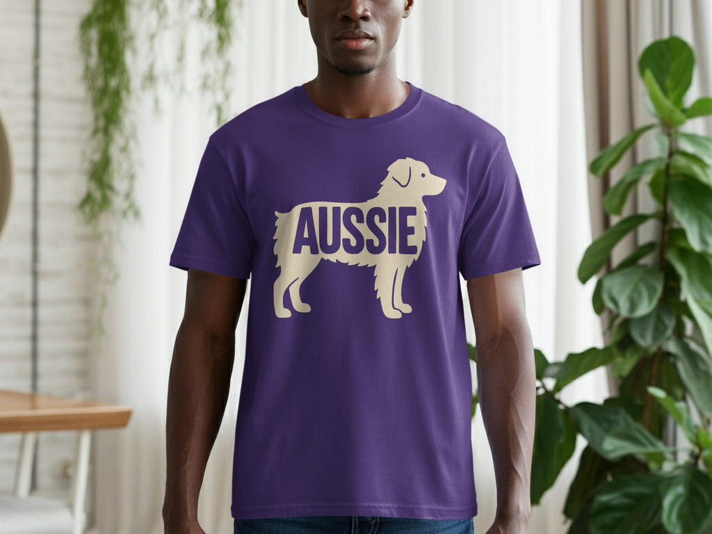 Purple t-shirt with dog silhouette and "Aussie" text.