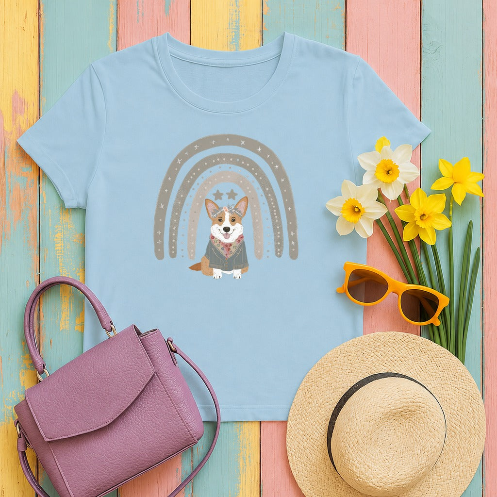 Cute Corgi with Rainbow Stars Print T-Shirts in Light Blue
