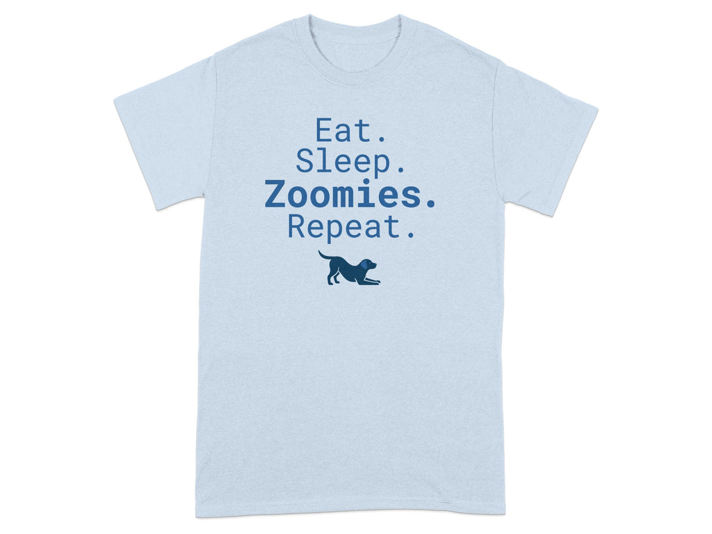 Light blue t-shirt with "Eat. Sleep. Zoomies. Repeat." and a dog silhouette.