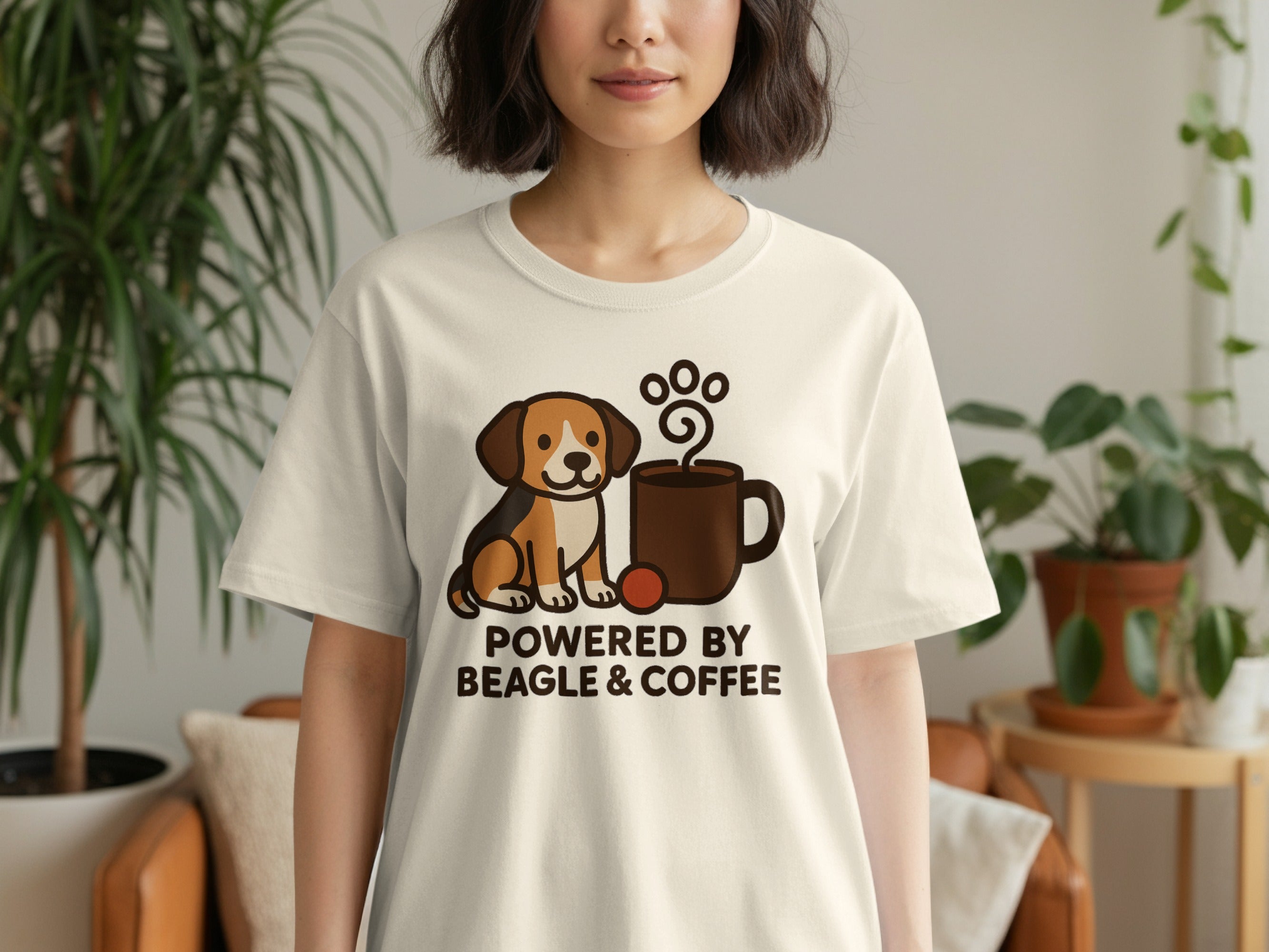Beagle dog and coffee mug graphic with text "POWERED BY BEAGLE & COFFEE".