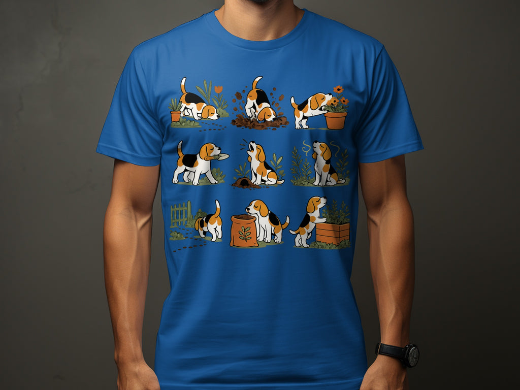 Blue t-shirt with cartoon beagles digging, howling, and sniffing flowers.
