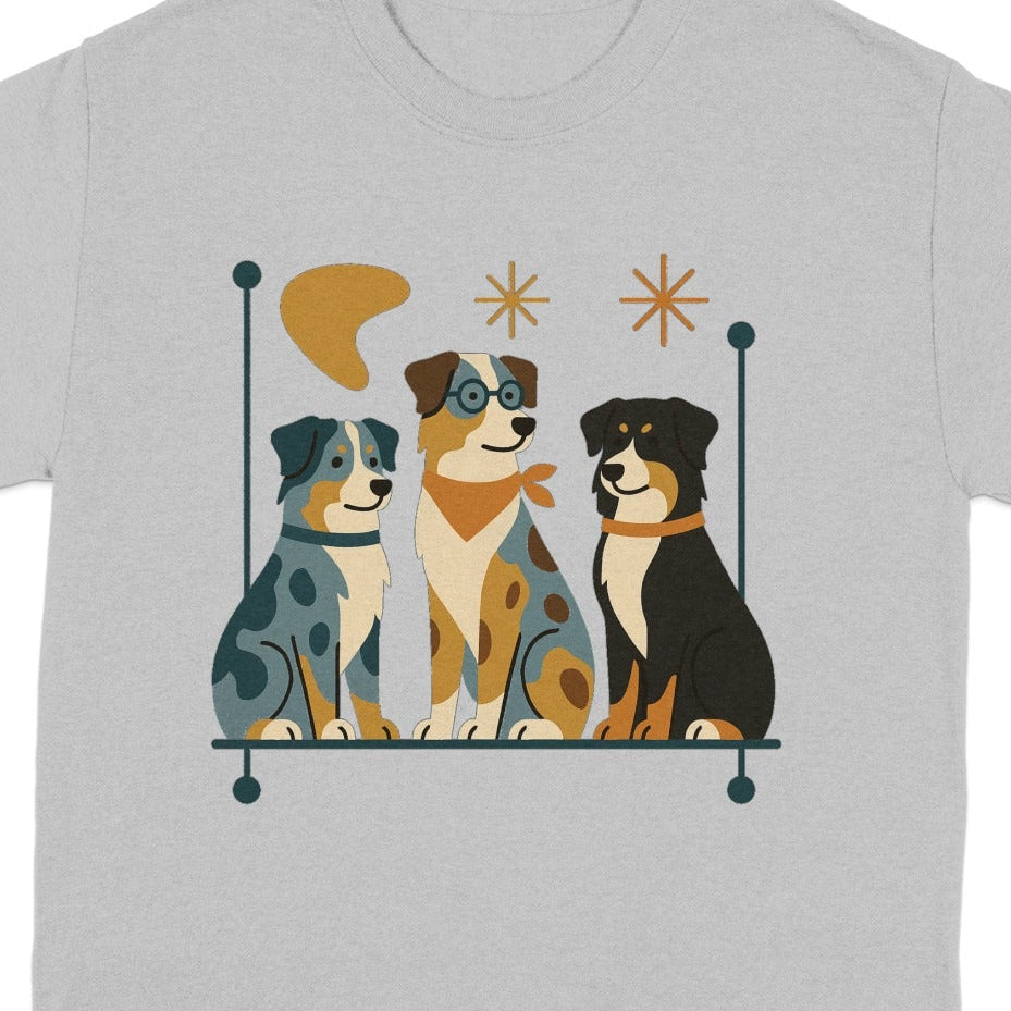 Three dogs sit in a row on a shelf with abstract designs behind them.