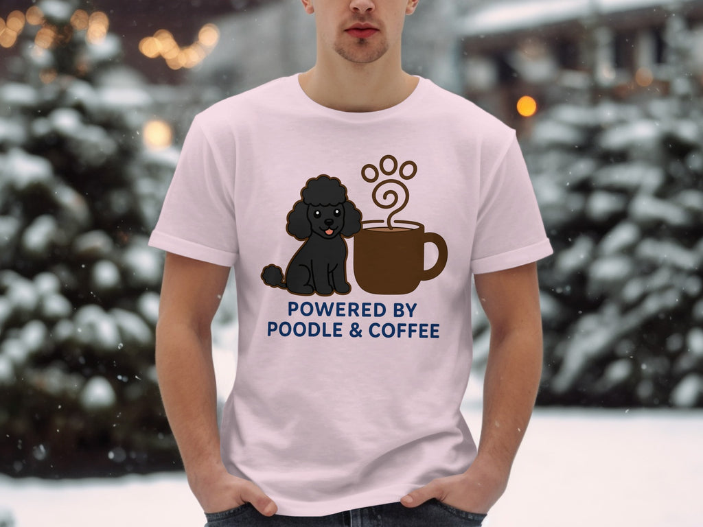 Black poodle with coffee cup graphic on light pink t-shirt.