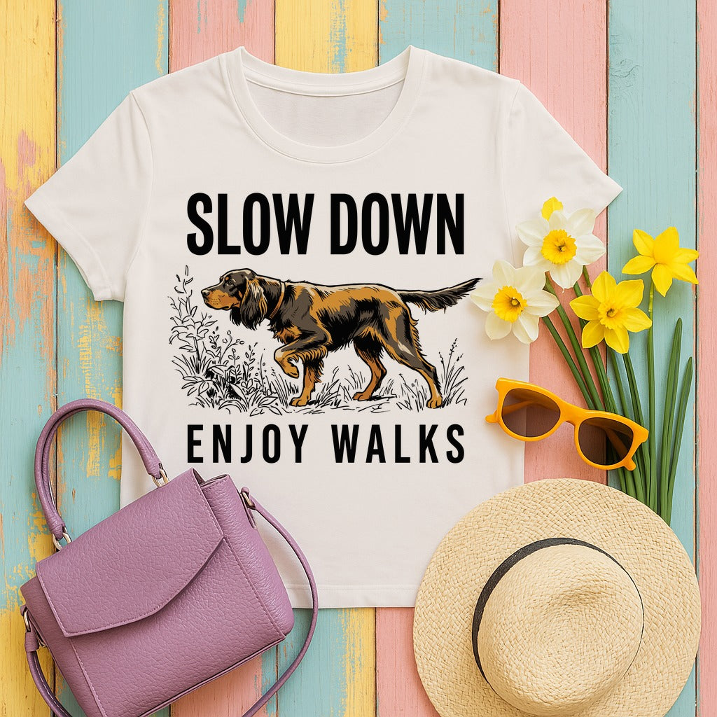 Slow Down Enjoy Walks Gordon Setter T-Shirt in Ice Grey