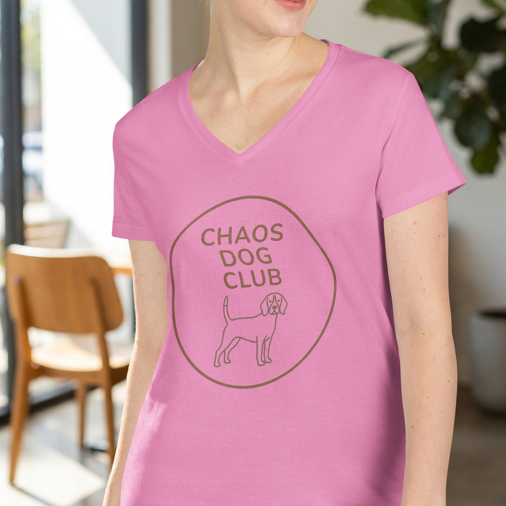 Pink v-neck t-shirt with "Chaos Dog Club" text and dog outline graphic.