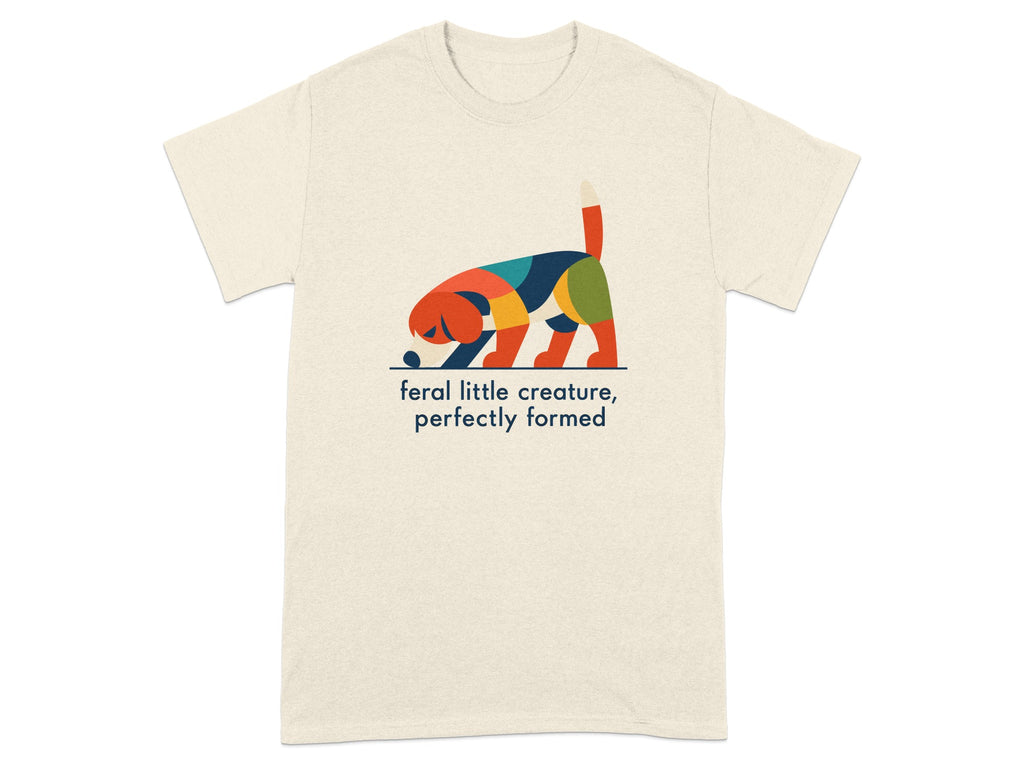 Cream t-shirt with colorful abstract dog illustration and text.