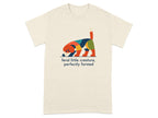 Cream t-shirt with colorful abstract dog illustration and text.