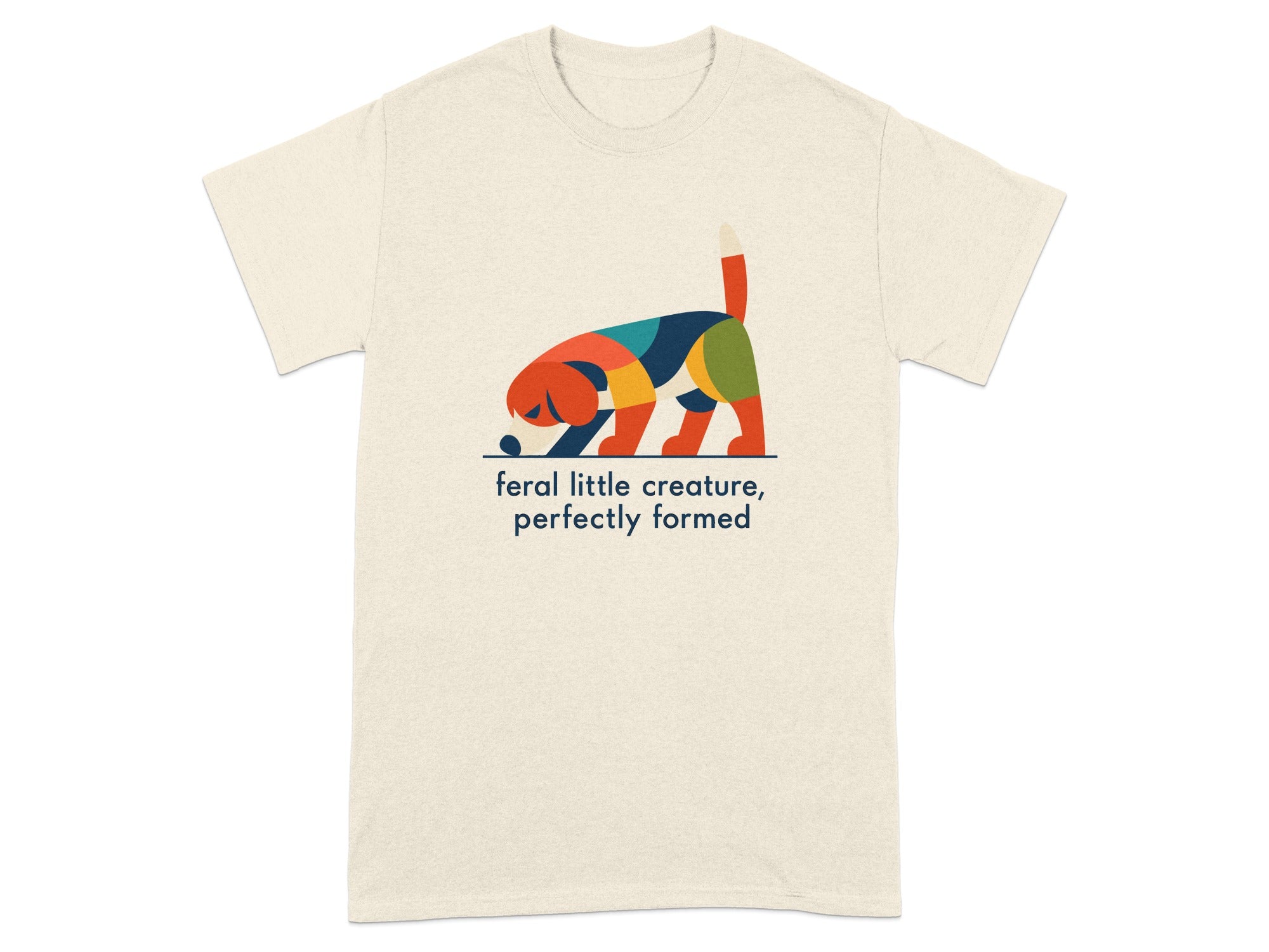 Cream t-shirt with colorful abstract dog illustration and text.