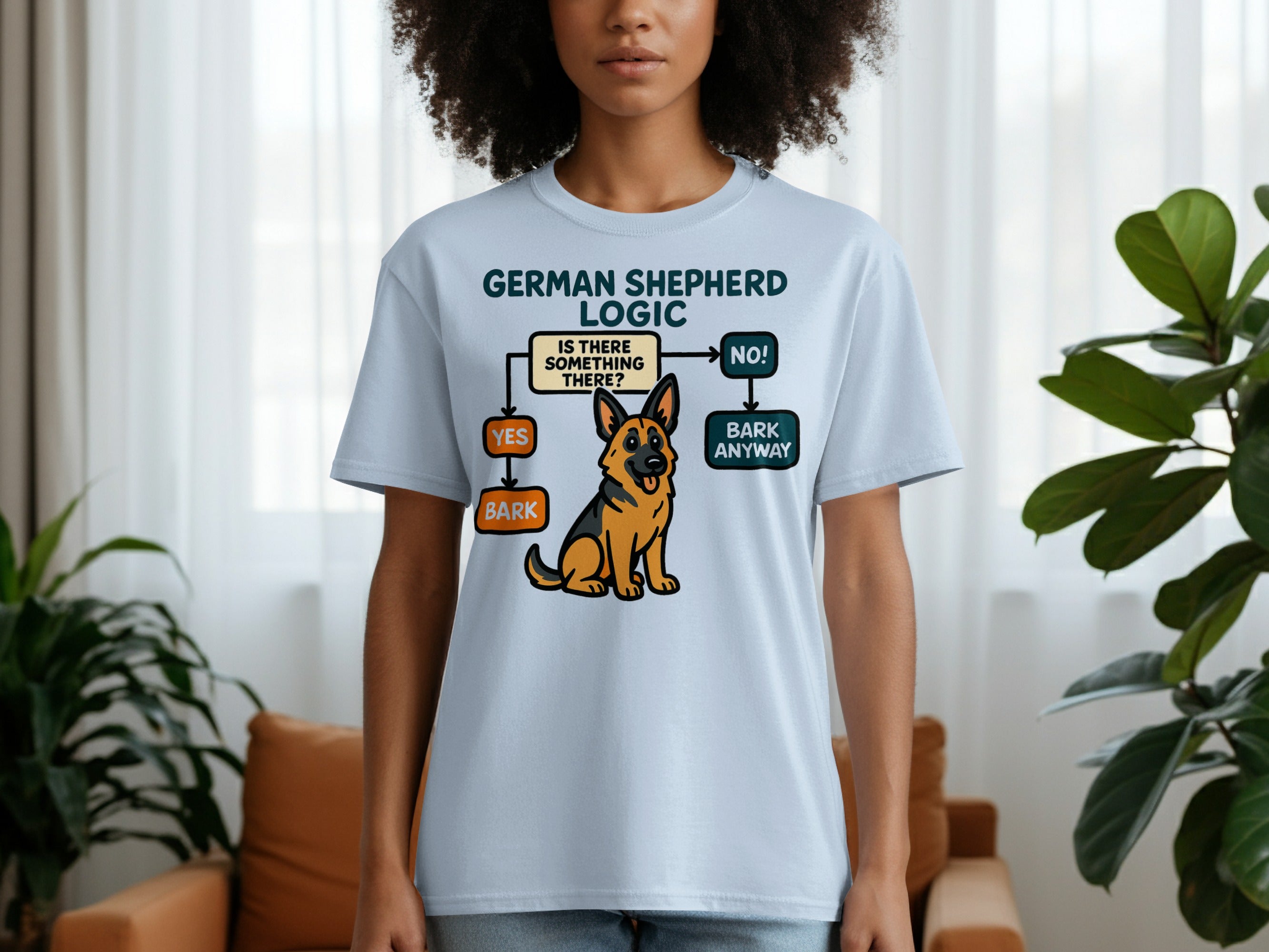 Light blue t-shirt with "German Shepherd Logic" flowchart featuring a cartoon dog.
