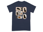 Dark blue t-shirt with small illustrations of black puppies and dog accessories.