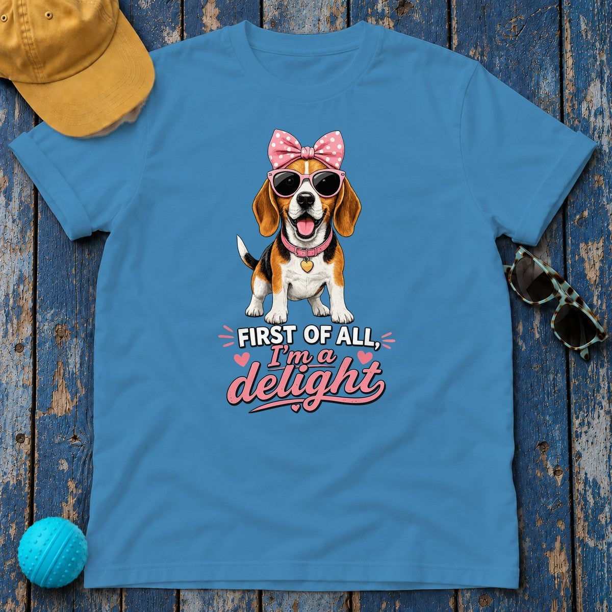 Pink Bow Beagle 'I'm A Delight' T-Shirt in Heather Sapphire