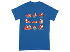 Cartoon corgis in various cute poses and activities on a blue t-shirt.