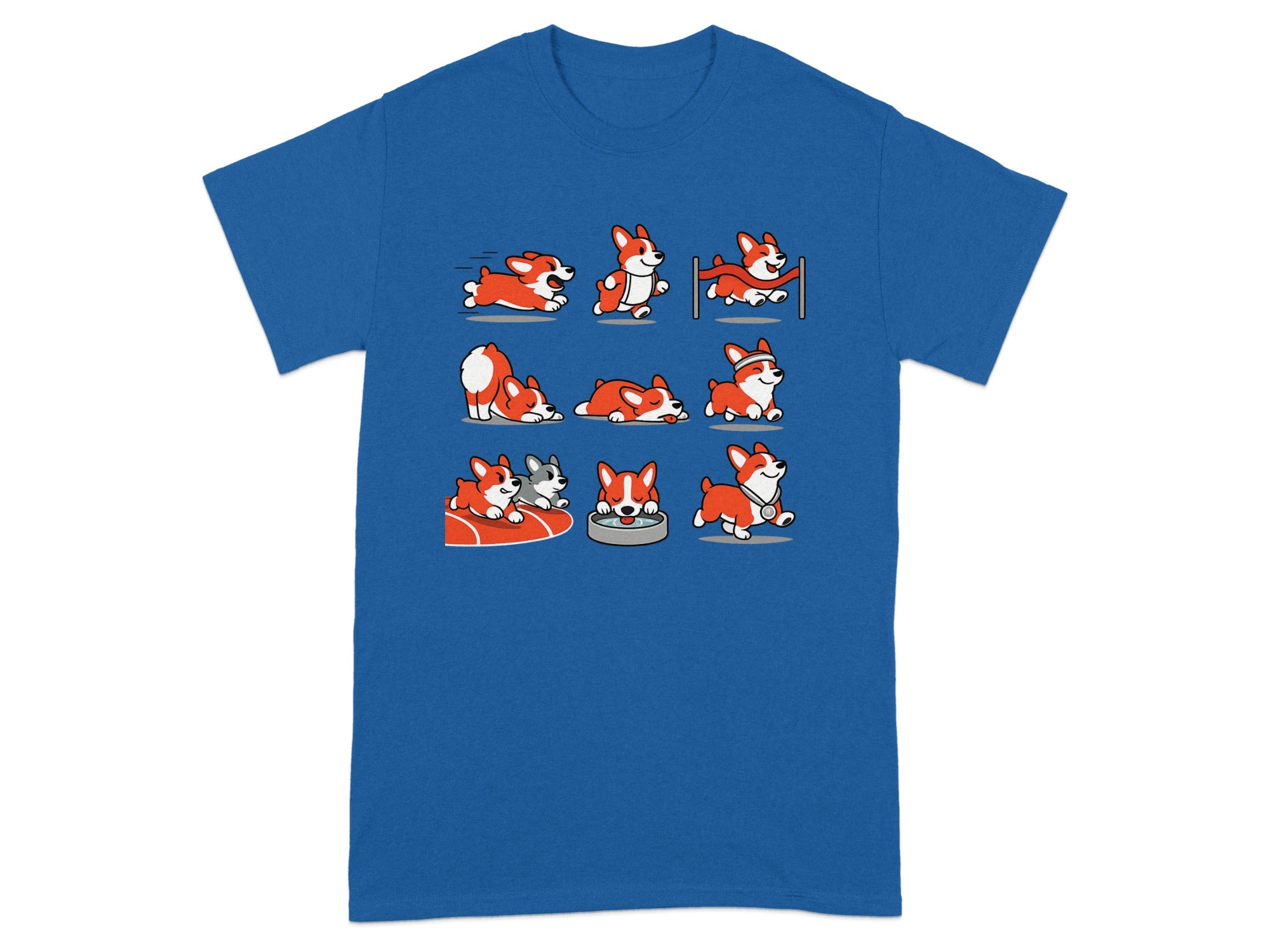 Cartoon corgis in various cute poses and activities on a blue t-shirt.