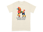 T-shirt with geometric poodle graphic and text "feral little creature, perfectly formed".