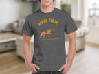 Dark gray t-shirt with "BIRDS FIRST." and "EVERYTHING ELSE LATER." text.