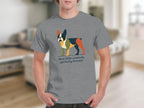 Grey t-shirt with a colorful abstract Boston Terrier graphic and text.