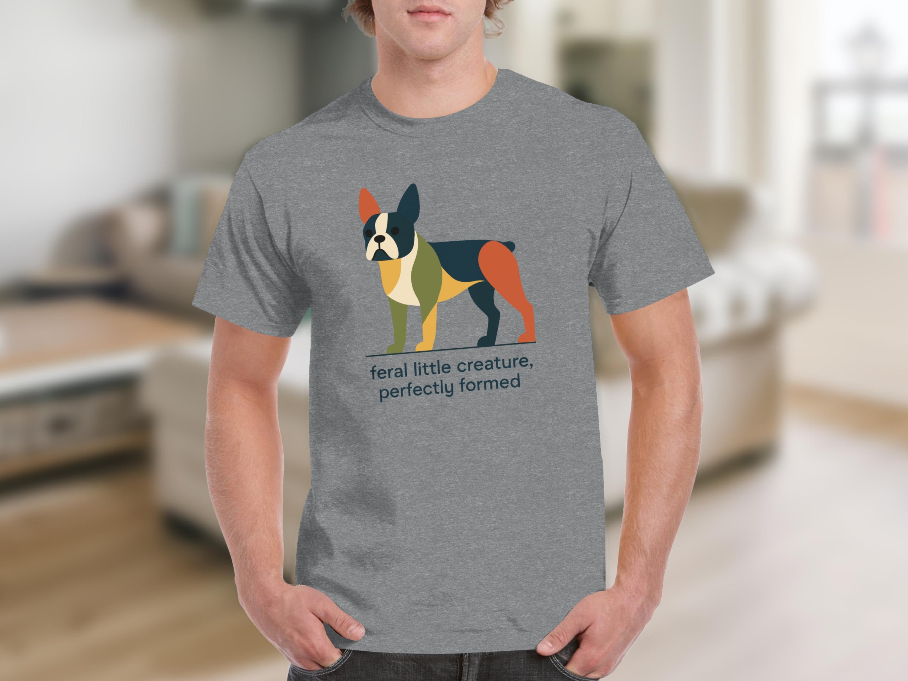 Grey t-shirt with a colorful abstract Boston Terrier graphic and text.