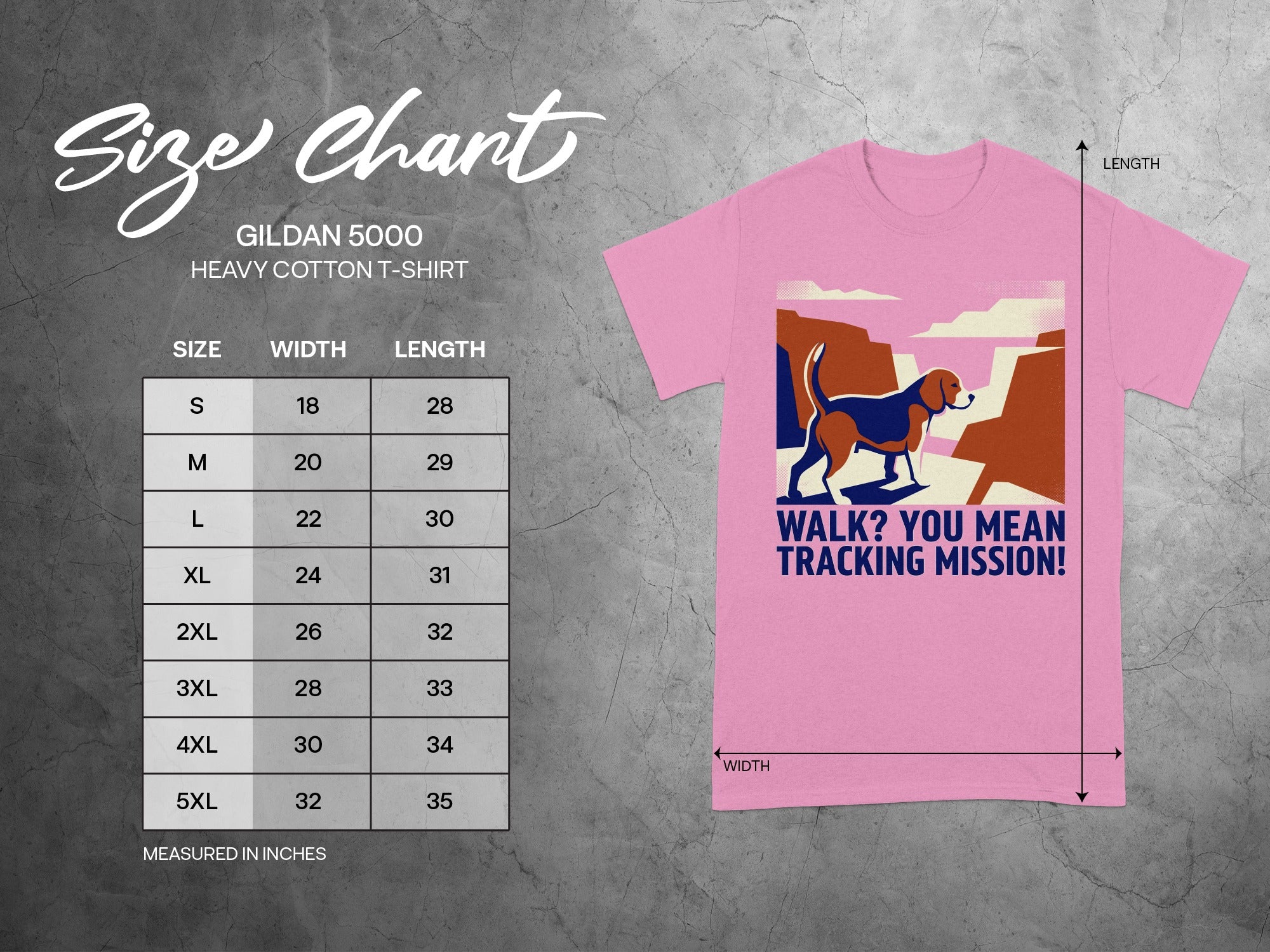 Gildan 5000 size chart and t-shirt with dog graphic.