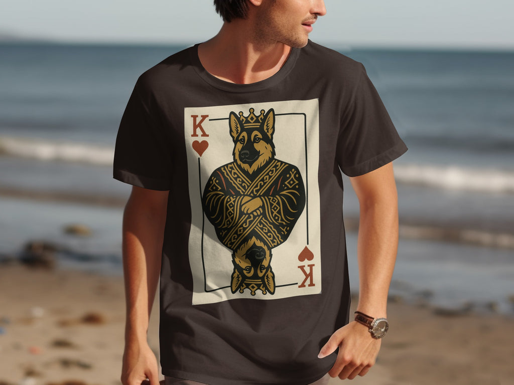 T-shirt with a King of Hearts playing card featuring a crowned German Shepherd dog.