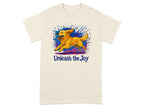 Golden Retriever running with purple and blue paint splatters, text "Unleash the Joy".