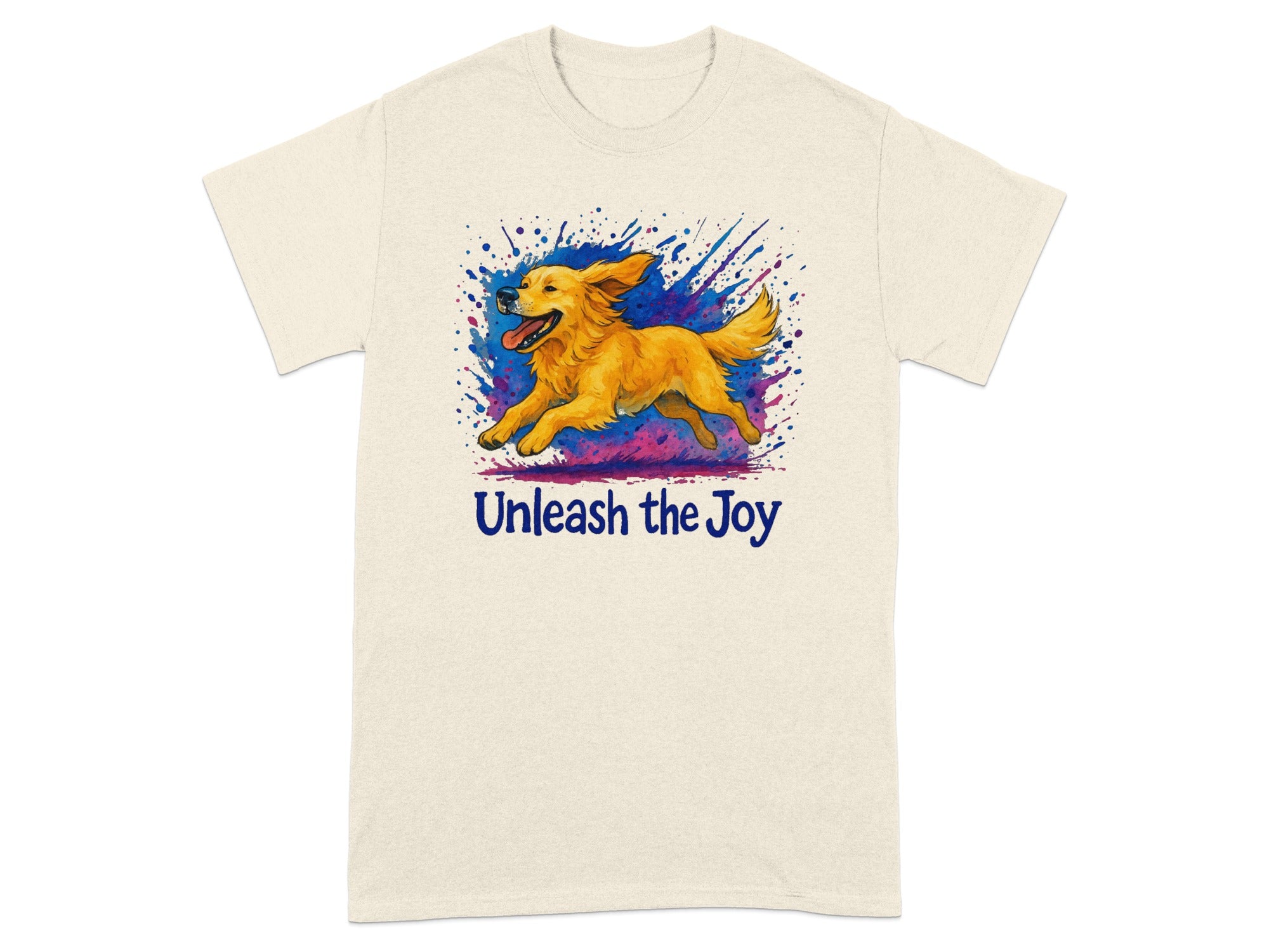 Golden Retriever running with purple and blue paint splatters, text "Unleash the Joy".