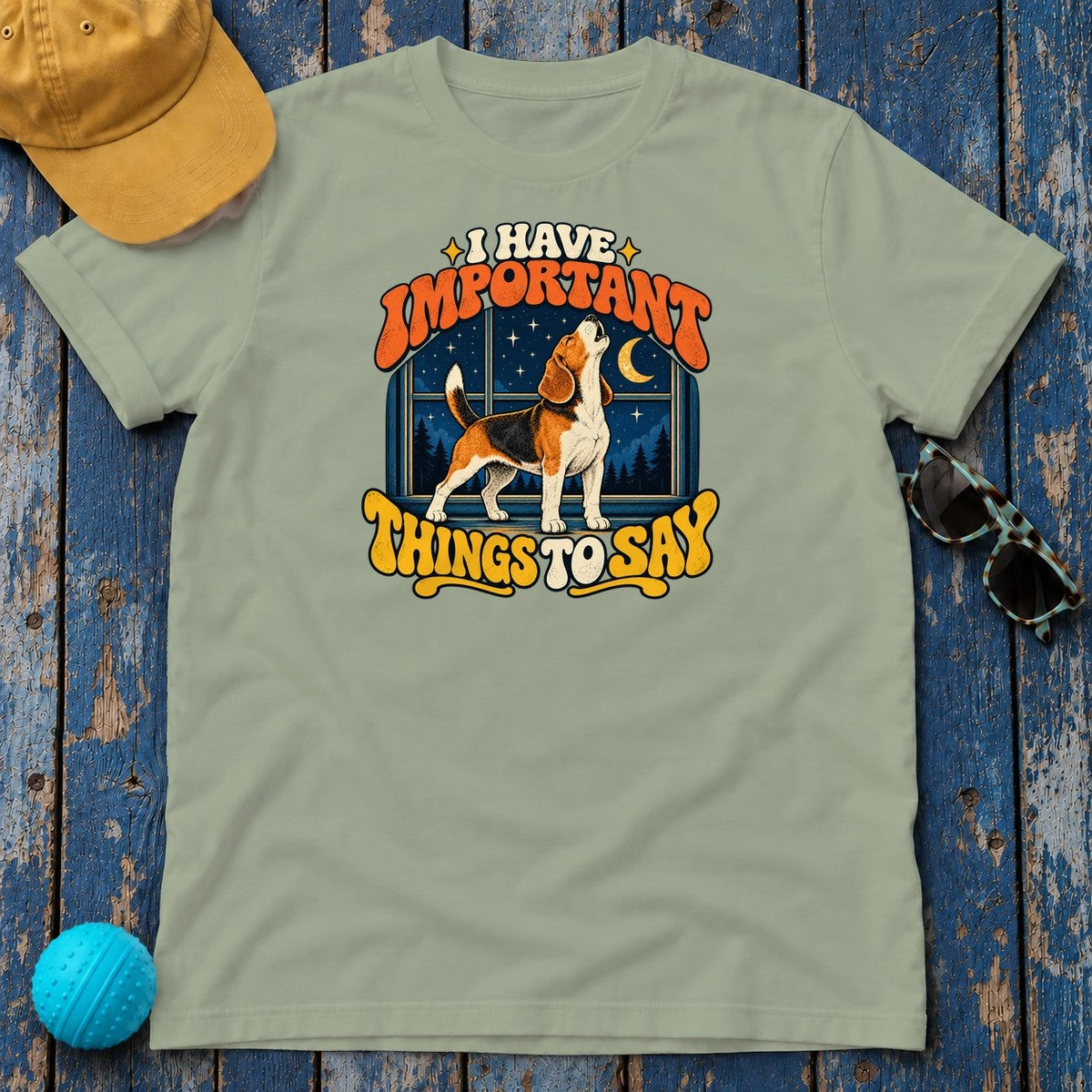 I Have Important Things to Say Beagle T-Shirt in Sage - flat lay
