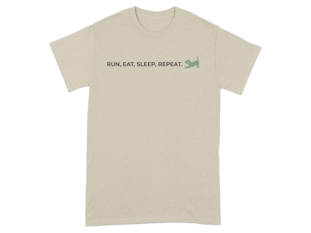 Tan t-shirt with green text "RUN, EAT, SLEEP, REPEAT." and a dog icon.