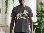 Dark grey t-shirt with a tan corgi silhouette and text.