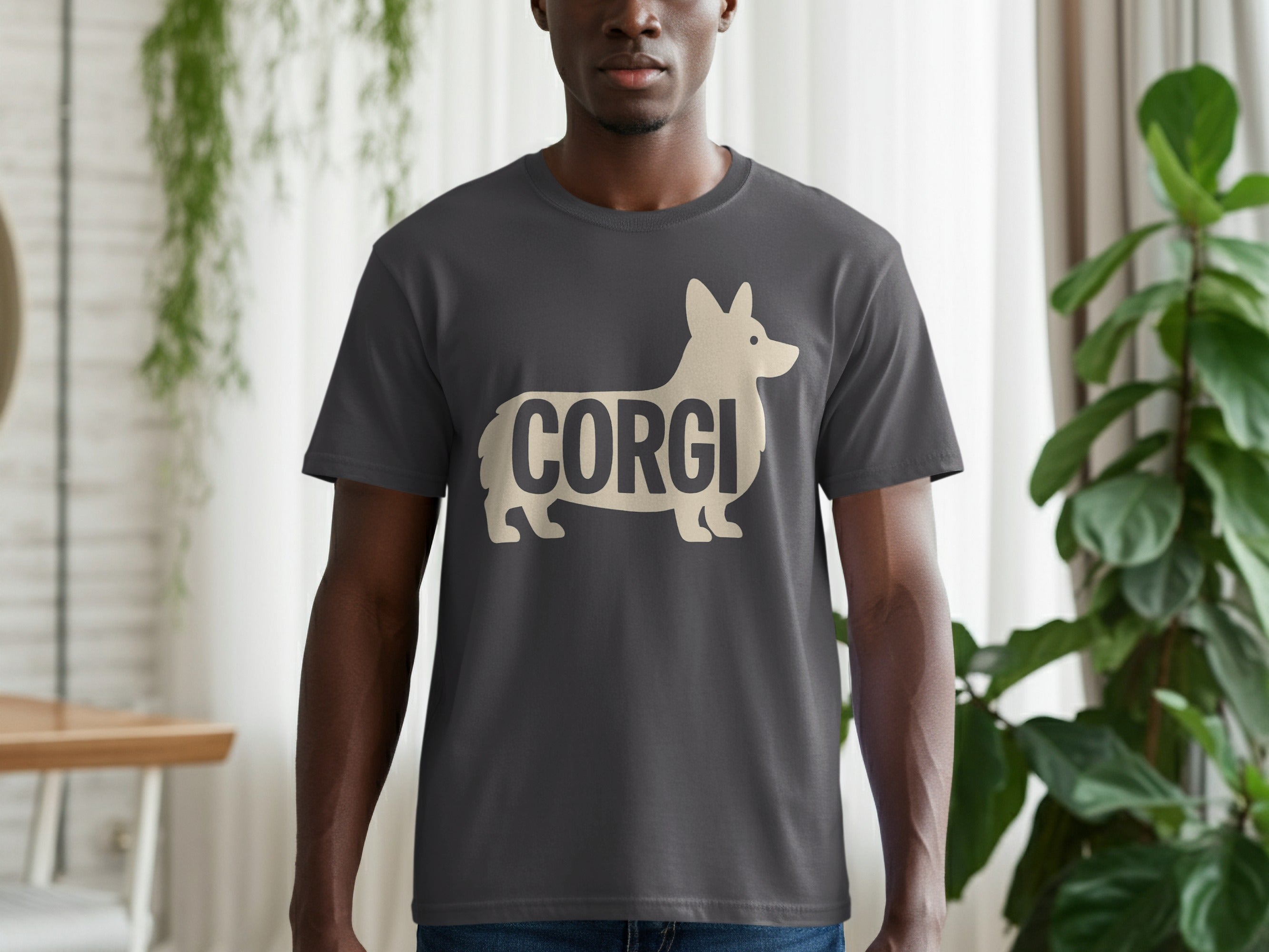 Dark grey t-shirt with a tan corgi silhouette and text.
