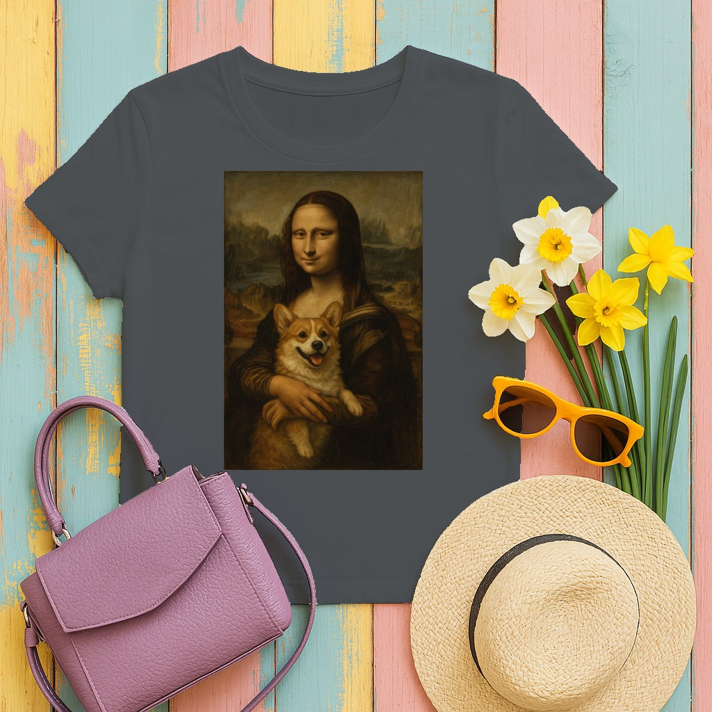 Mona Lisa and Corgi Fine Art Portrait Funny Meme T-Shirt in Charcoal
