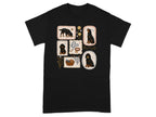 Black t-shirt featuring a collage of vintage dog illustrations and paw prints.