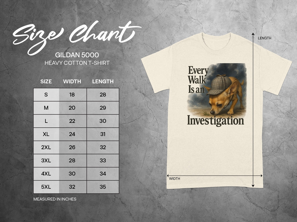 Size chart for Gildan 5000 heavy cotton t-shirt with dog graphic.
