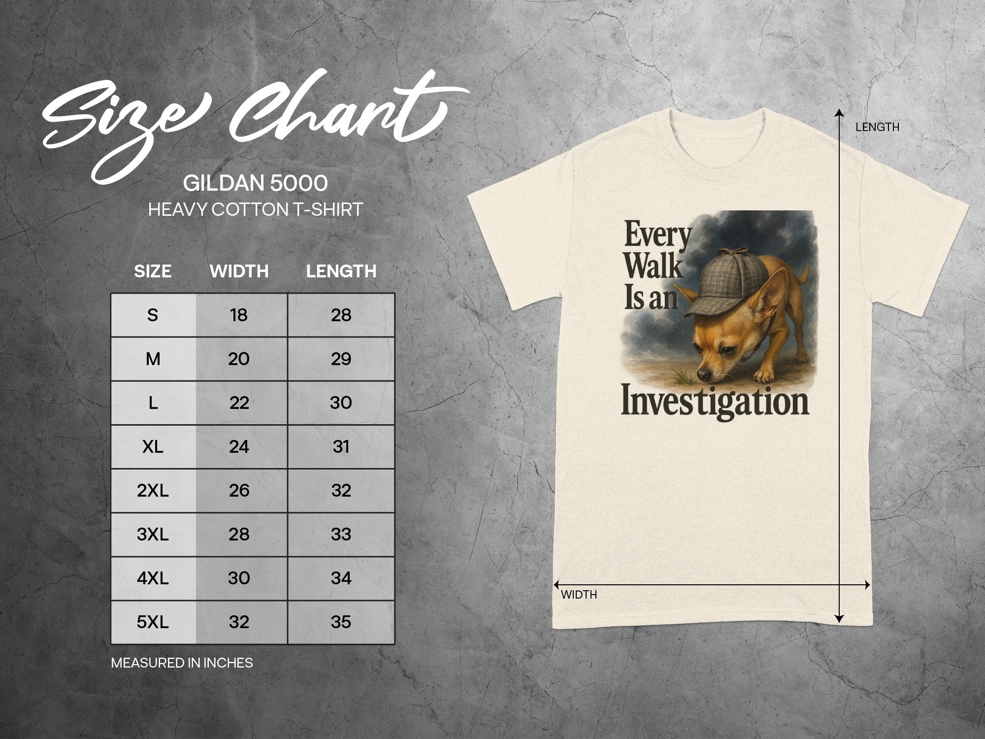 Size chart for Gildan 5000 heavy cotton t-shirt with dog graphic.