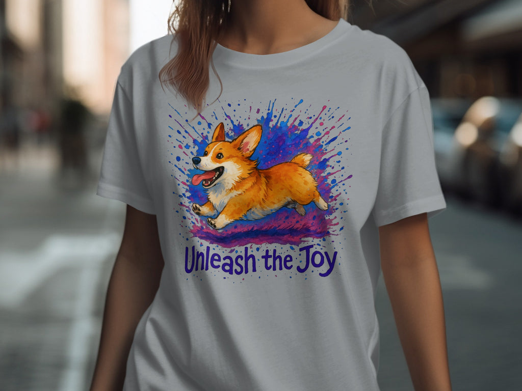 T-shirt with a running corgi and "Unleash the Joy" text