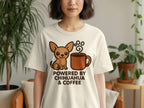 Cream t-shirt with cartoon chihuahua and coffee cup graphic that says "Powered By Chihuahua & Coffee".