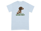 Light blue t-shirt with a pointer dog and "Touching You For Emotional Stability" text.