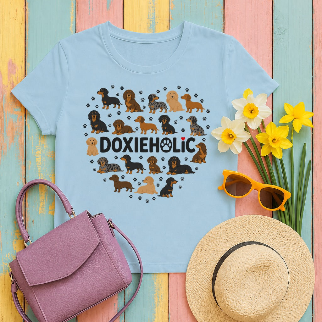 Doxieholic Heart Dachshund T-Shirt in Light Blue