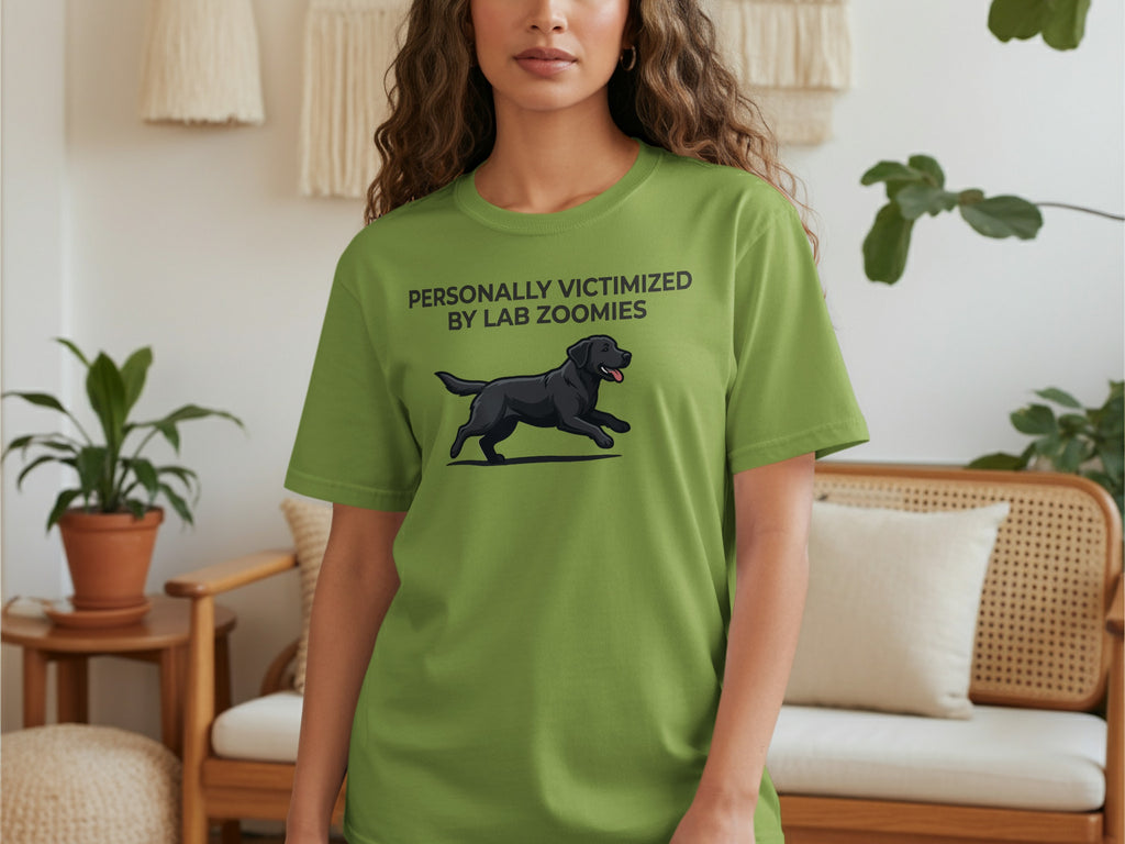 Green t-shirt with black cartoon dog and text "PERSONALLY VICTIMIZED BY LAB ZOOMIES".
