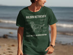 Green t-shirt with Golden Retriever anatomy diagram and text "Every Walk is an Investigation".