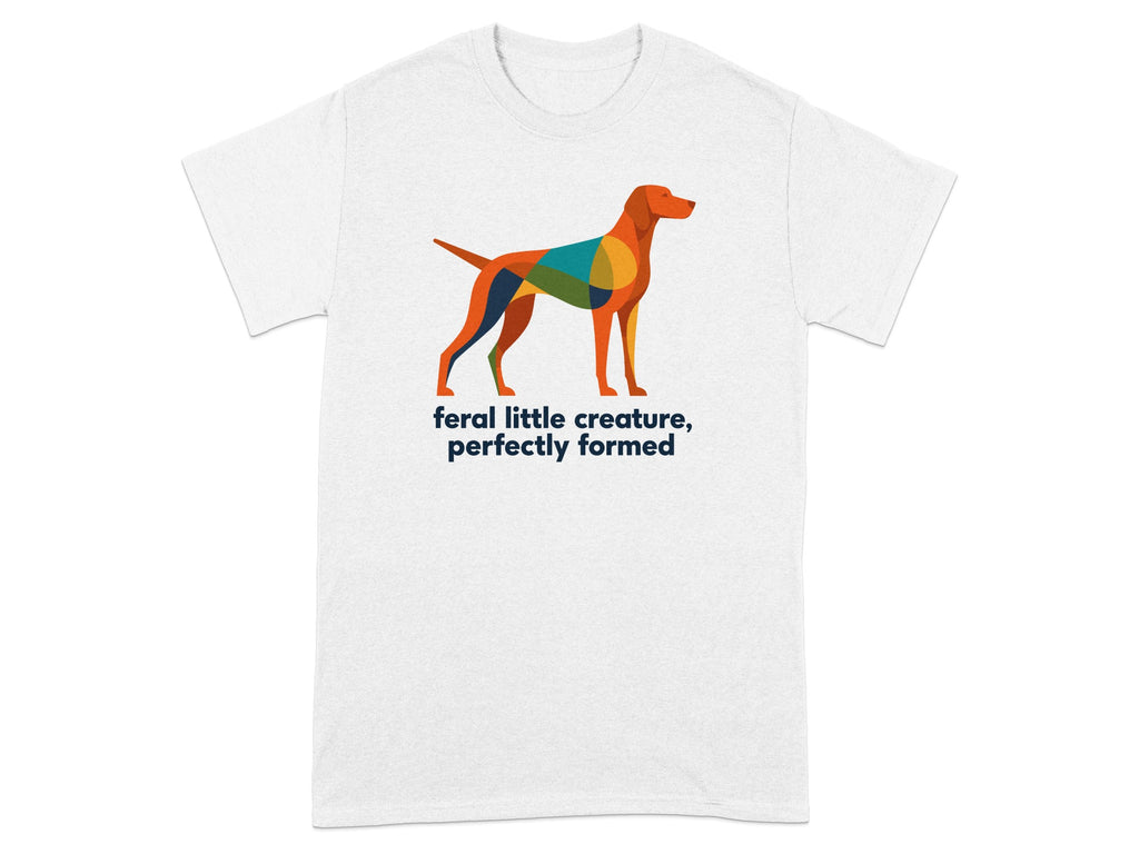 Geometric dog illustration with text "feral little creature, perfectly formed".