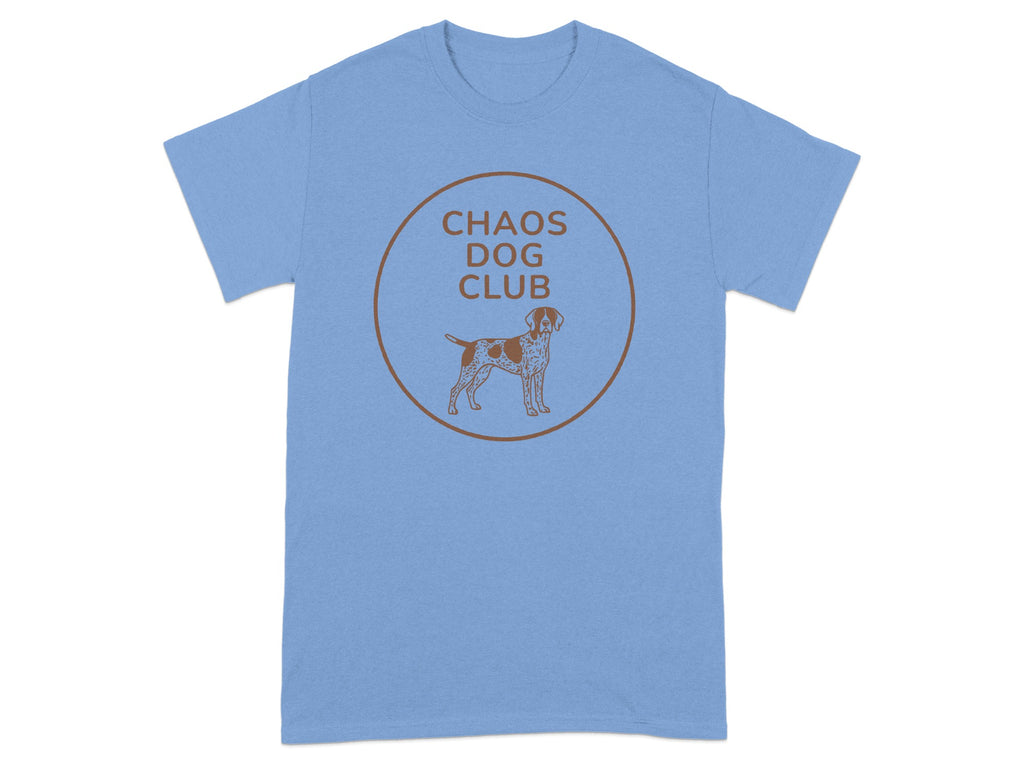 Light blue t-shirt with brown "CHAOS DOG CLUB" text and dog silhouette.