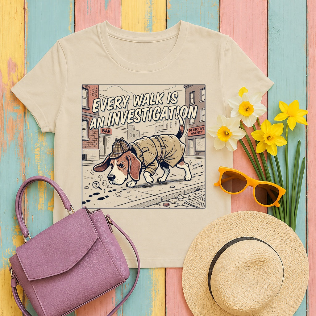 Every Walk is an Investigation Beagle Cartoon T-Shirt in Sand