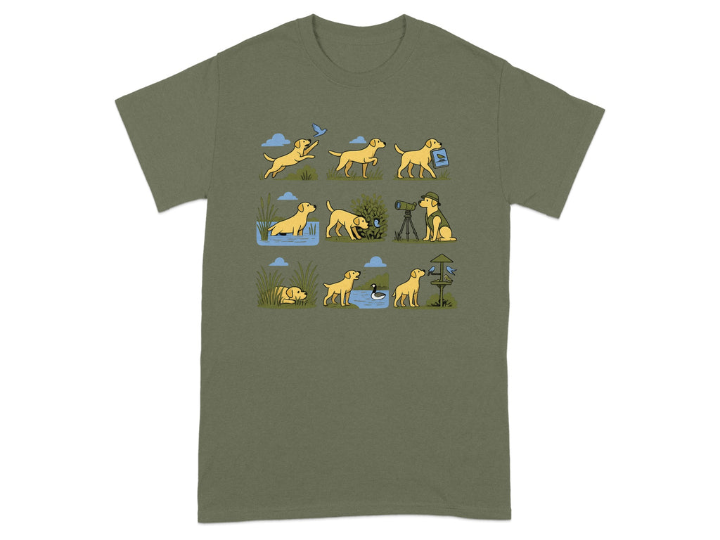 Cartoon of Labrador dog's behavior with birds, water, and binoculars.
