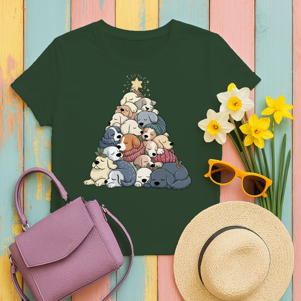 Sleeping Dogs Stacked Christmas Tree T-Shirt in Forest Green